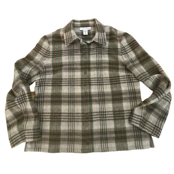 Evan Picone Vintage Wool Blend Field Shirt Petite* Medium 8 Plaid Green Tan - Picture 3 of 8